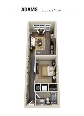 Floor plan for studio, 1 bath, 593 sqft