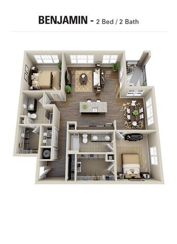 Floor plan for 2 beds, 2 baths, 1356 sqft
