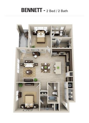 Floor plan for 2 beds, 2 baths, 1343 sqft