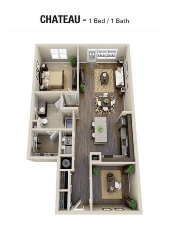 Floor plan for 1 bed, 1 bath, 1073 sqft