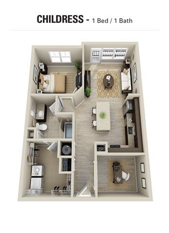 Floor plan for 1 bed, 1 bath, 847 sqft