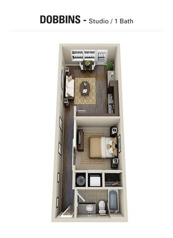Floor plan for studio, 1 bath, 577 sqft