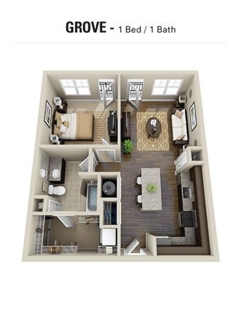 Floor plan for 1 bed, 1 bath, 720 sqft