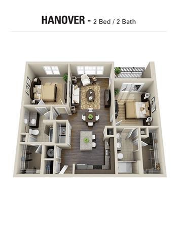 Floor plan for 2 beds, 2 baths, 1023 sqft