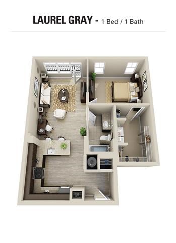 Floor plan for 1 bed, 1 bath, 789 sqft