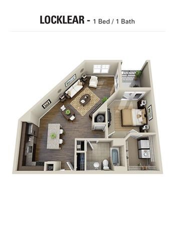Floor plan for 1 bed, 1 bath, 863 sqft