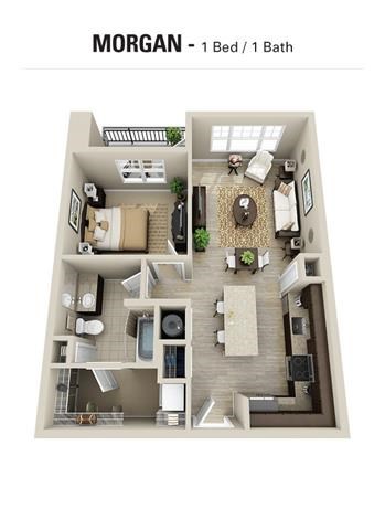 Floor plan for 1 bed, 1 bath, 731 sqft