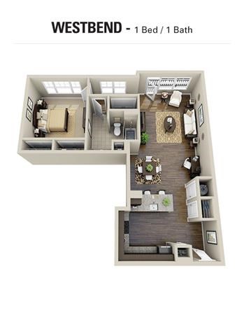 Floor plan for 1 bed, 1 bath, 869 sqft