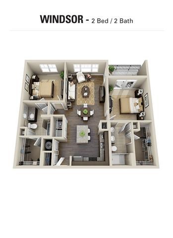 Floor plan for 2 beds, 2 baths, 1044 sqft