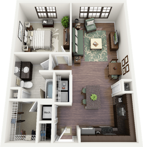 Floor plan for 1 bed, 1 bath, 735 sqft