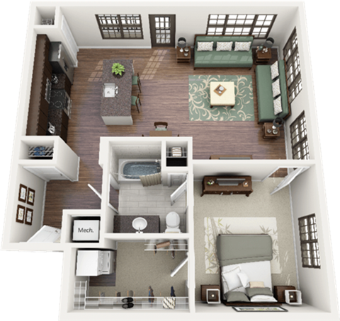 Floor plan for 1 bed, 1 bath, 856 sqft