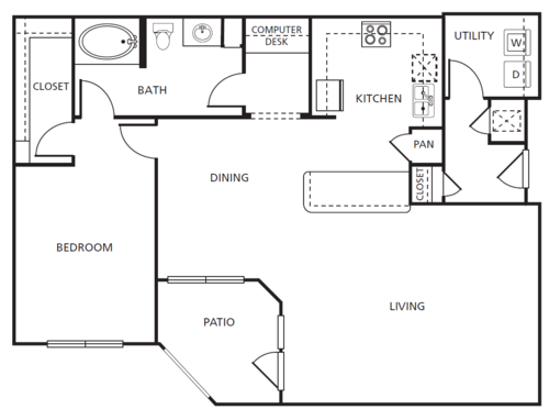 Floor plan for 1 bed, 1 bath, 1134 sqft