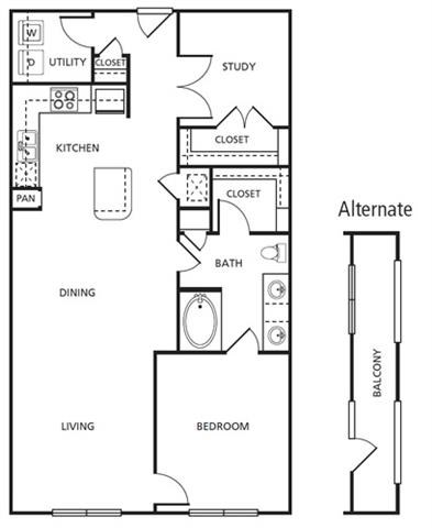 Floor plan for 1 bed, 1 bath, 1043 sqft