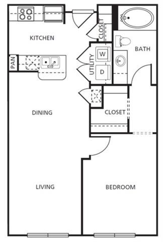 Floor plan for 1 bed, 1 bath, 721 sqft