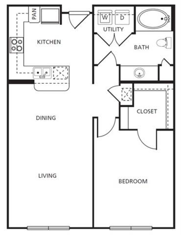 Floor plan for 1 bed, 1 bath, 759 sqft