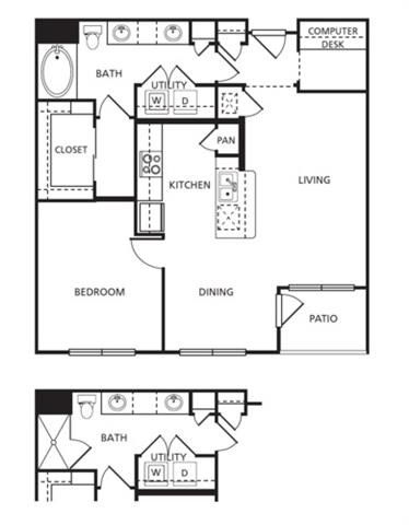 Floor plan for 1 bed, 1 bath, 891 sqft