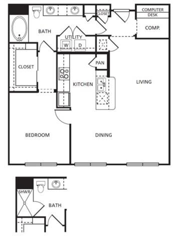 Floor plan for 1 bed, 1 bath, 941 sqft