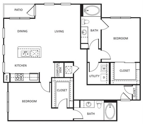 Floor plan for 2 beds, 2 baths, 1226 sqft