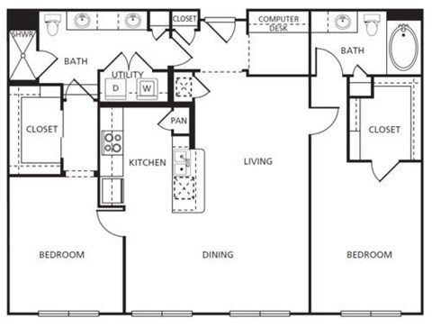 Floor plan for 2 beds, 2 baths, 1290 sqft