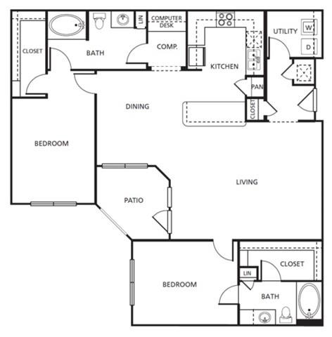 Floor plan for 2 beds, 2 baths, 1429 sqft
