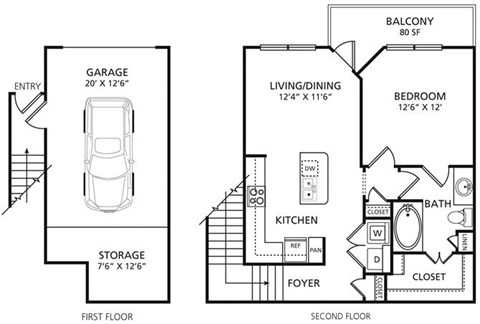 Floor plan for 1 bed, 1 bath, 667 sqft