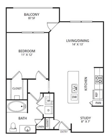 Floor plan for 1 bed, 1 bath, 718 sqft