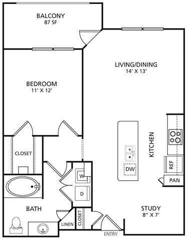 Floor plan for 1 bed, 1 bath, 733 sqft