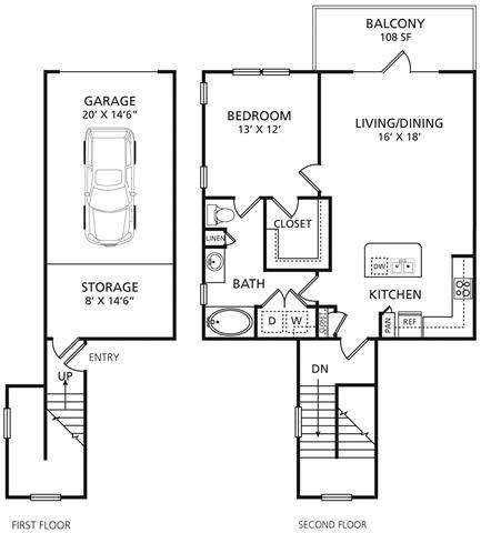 Floor plan for 1 bed, 1 bath, 827 sqft