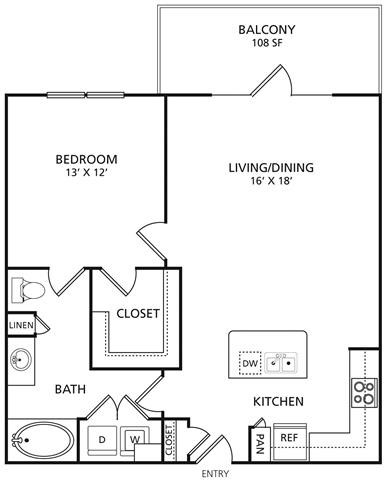 Floor plan for 1 bed, 1 bath, 827 sqft