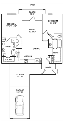 Floor plan for 2 beds, 2 baths, 1167 sqft
