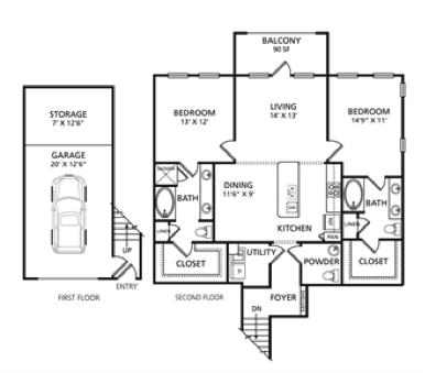 Floor plan for 2 beds, 2.5 baths, 1260 sqft