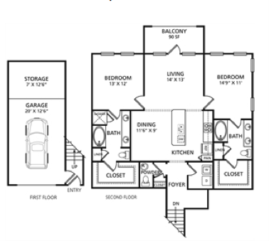 Floor plan for 2 beds, 2.5 baths, 1262 sqft
