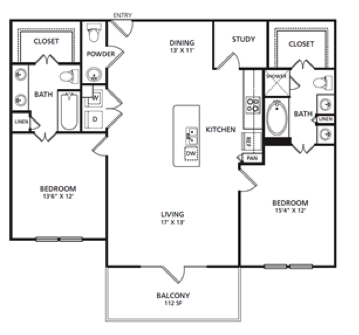 Floor plan for 2 beds, 2.5 baths, 1301 sqft