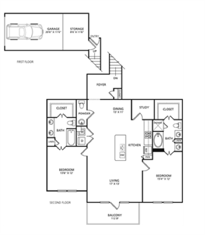Floor plan for 2 beds, 2.5 baths, 1346 sqft