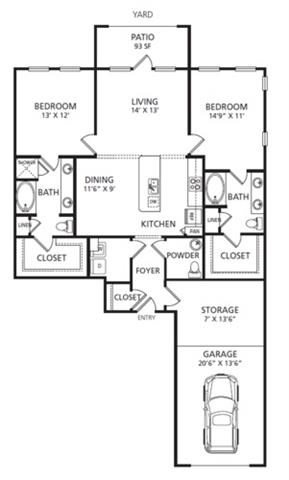 Floor plan for 2 beds, 2.5 baths, 1258 sqft