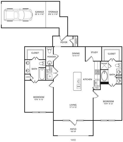 Floor plan for 2 beds, 2.5 baths, 1353 sqft
