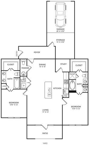 Floor plan for 2 beds, 2.5 baths, 1374 sqft