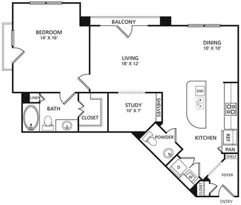 Floor plan for 1 bed, 1 bath, 1045 sqft
