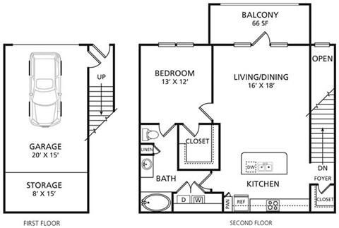 Floor plan for 1 bed, 1 bath, 847 sqft