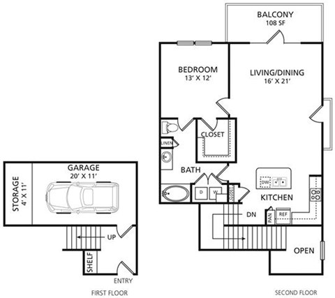 Floor plan for 1 bed, 1 bath, 853 sqft