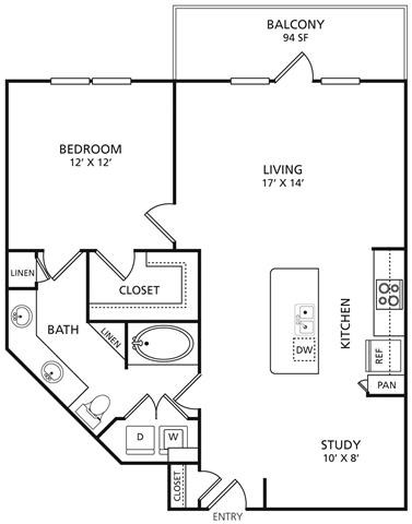Floor plan for 1 bed, 1 bath, 878 sqft