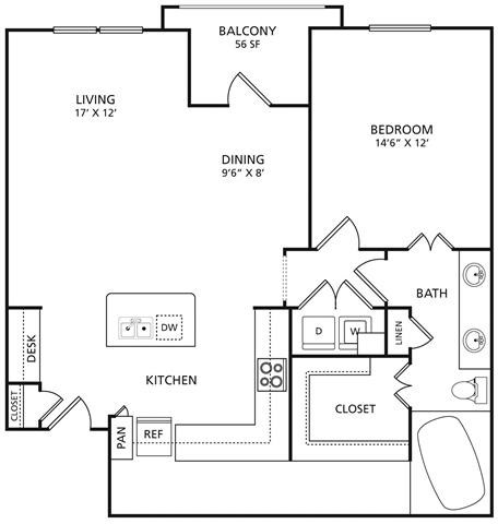 Floor plan for 1 bed, 1 bath, 906 sqft