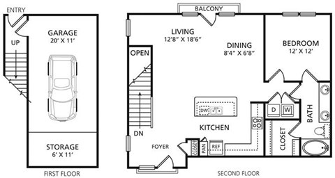 Floor plan for 1 bed, 1 bath, 937 sqft