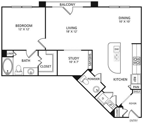 Floor plan for 1 bed, 1 bath, 968 sqft