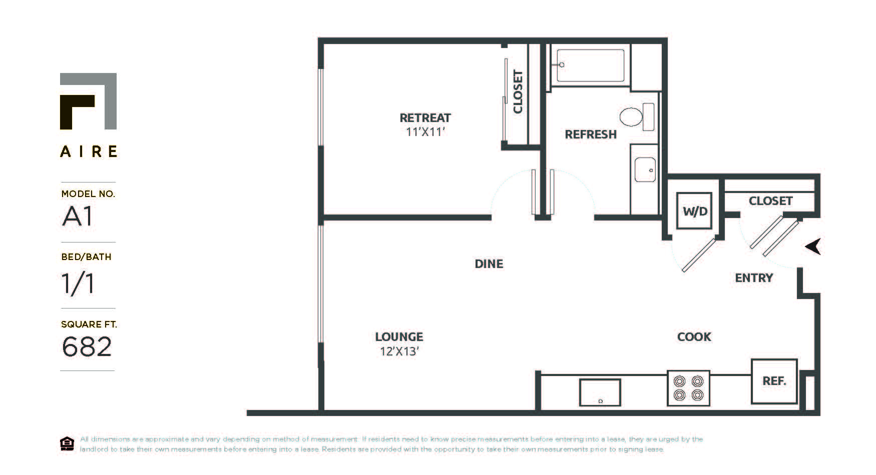 Floor plan for 1 bed, 1 bath, 682 sqft