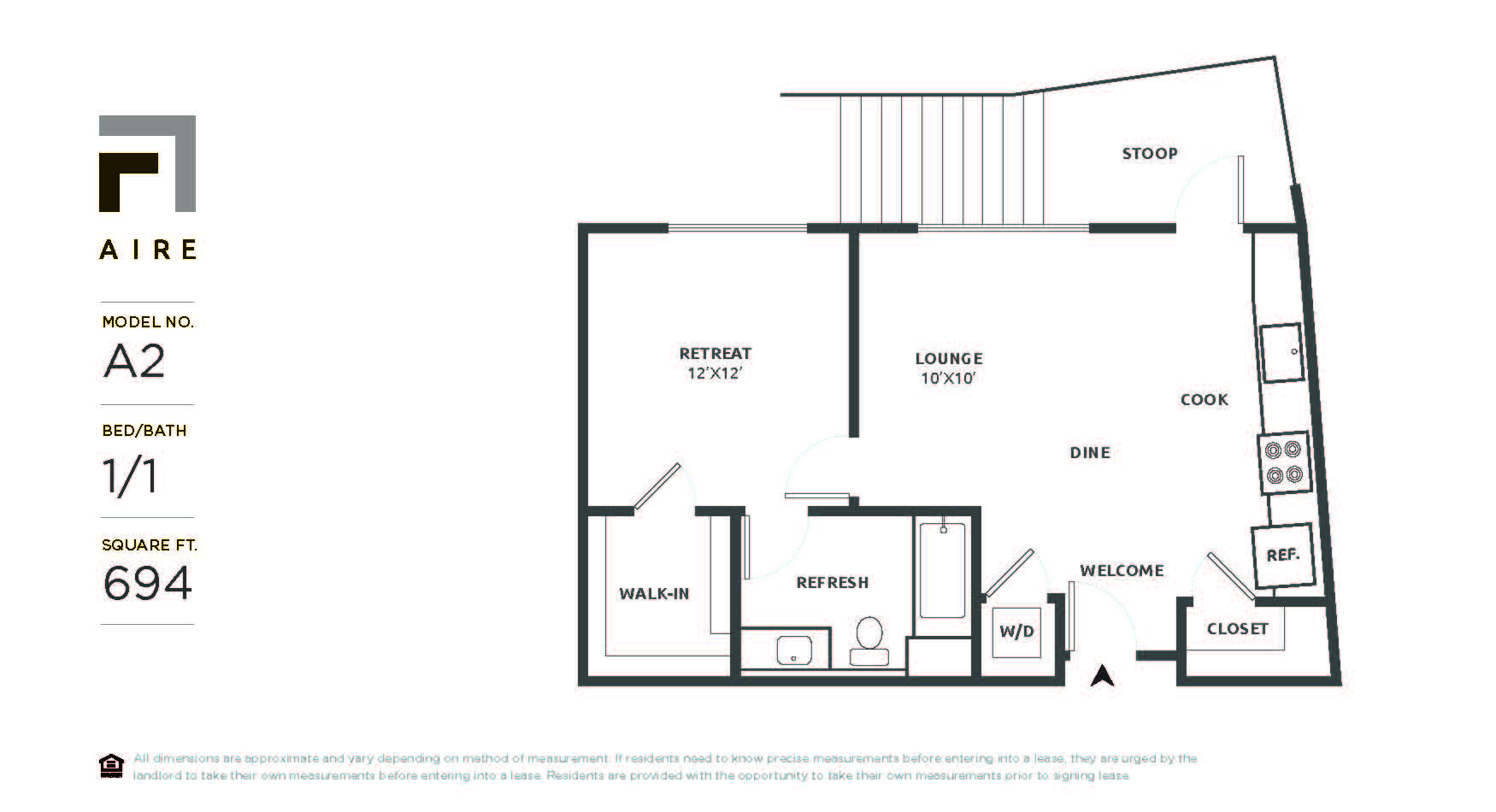 Floor plan for 1 bed, 1 bath, 694 sqft