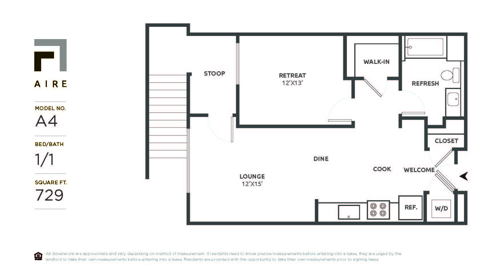 Floor plan for 1 bed, 1 bath, 729 sqft