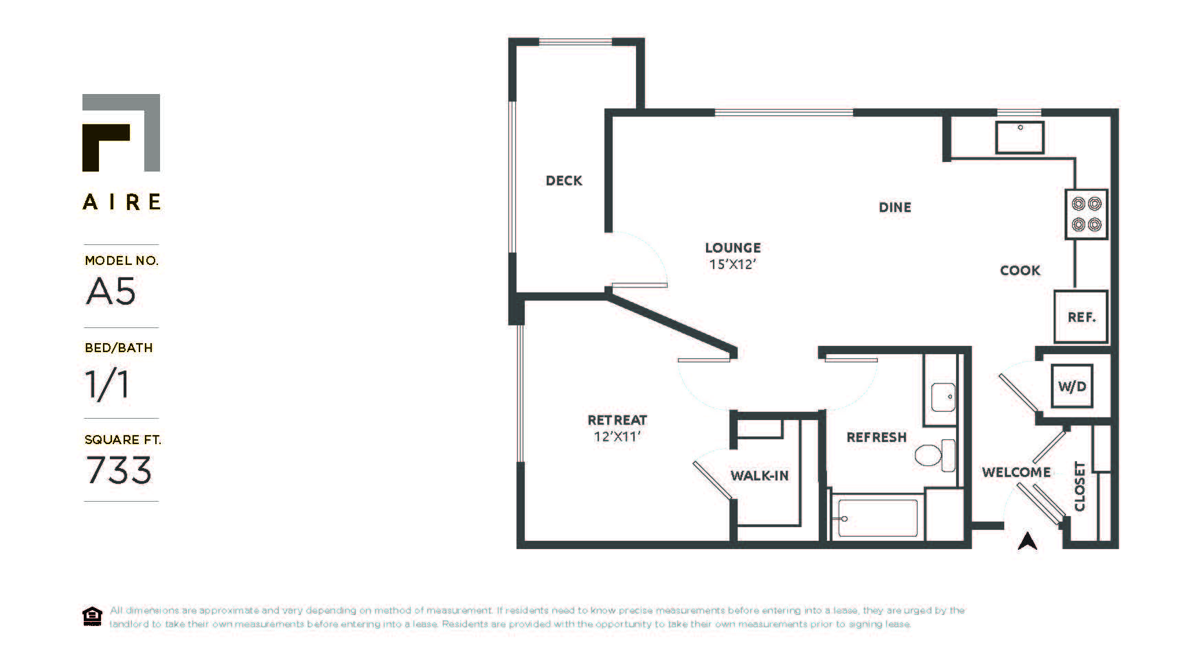 Floor plan for 1 bed, 1 bath, 733 sqft