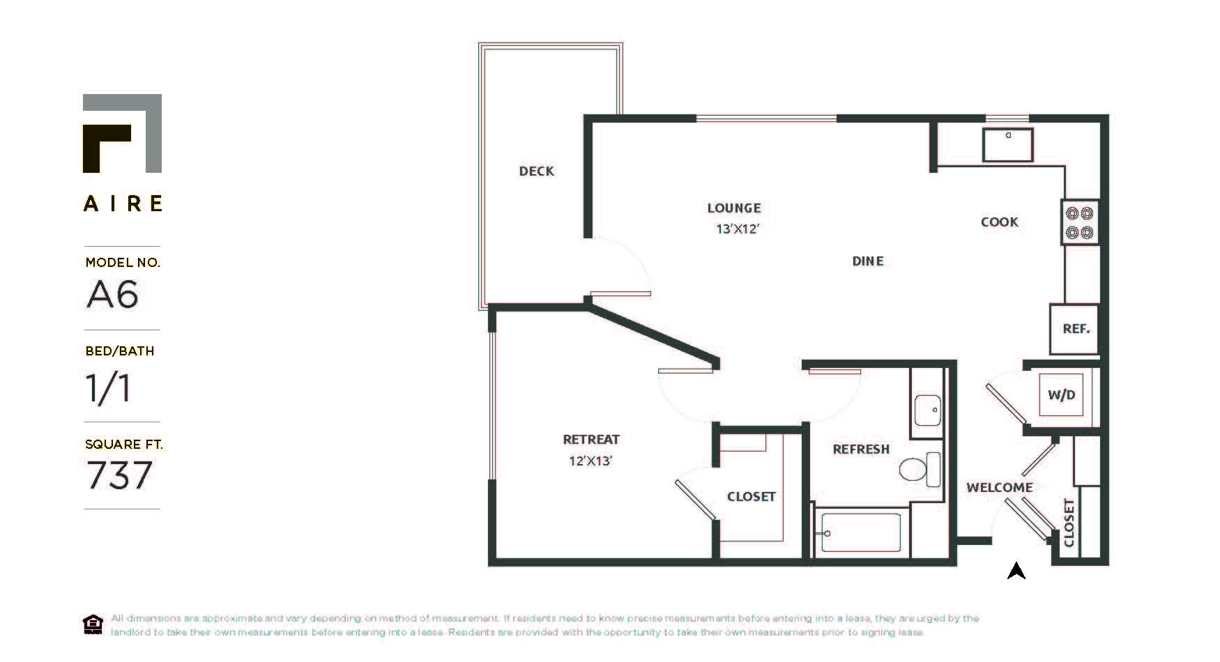 Floor plan for 1 bed, 1 bath, 737 sqft