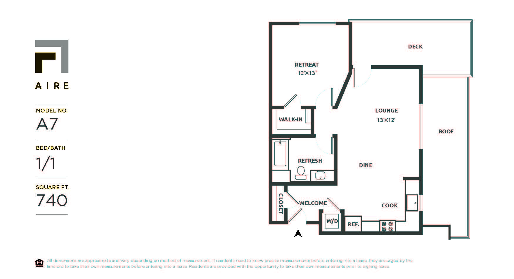 Floor plan for 1 bed, 1 bath, 740 sqft